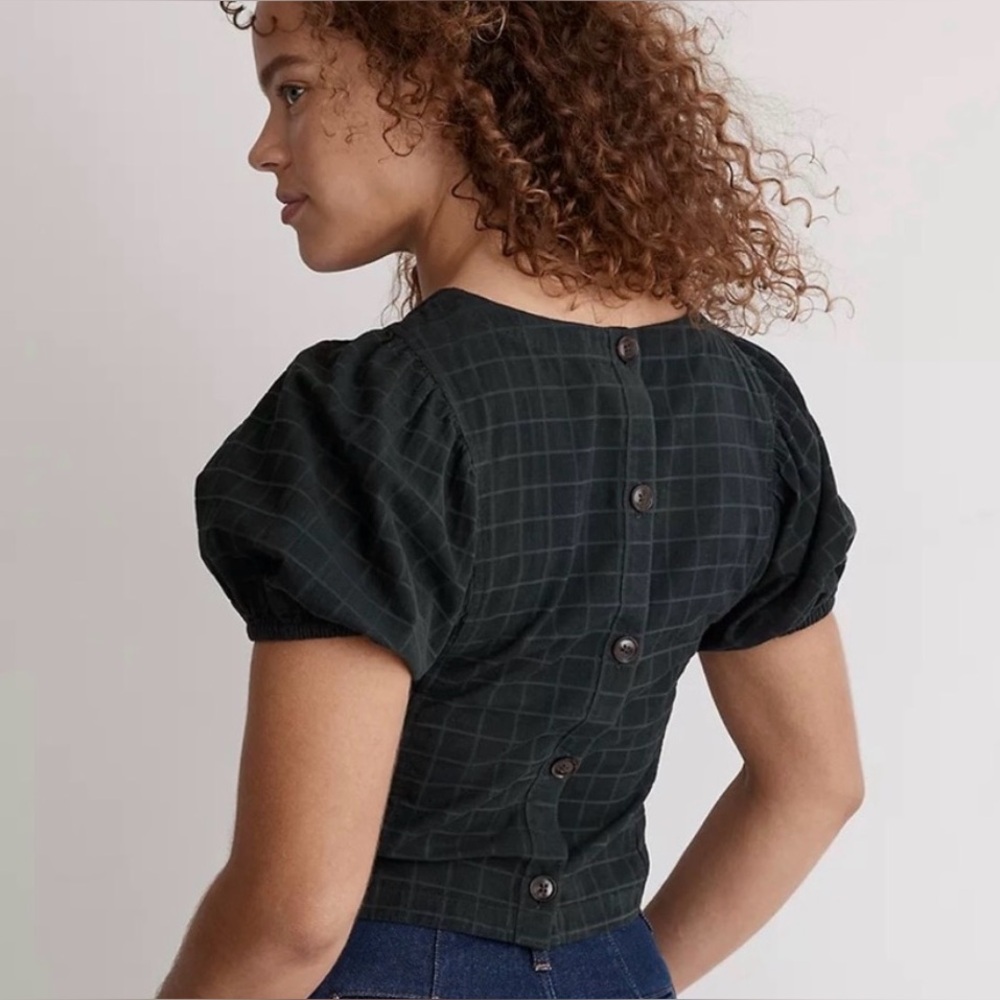 Madewell Corduroy Puff-Sleeve Top in Windowpane